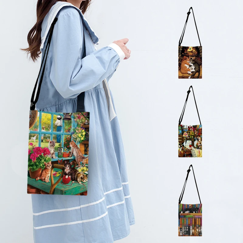

Cute Cat Oil Painting Print Women Mini Canvas Shoulder Bag Fabric Handbag Totes Ladies Casual Small Flap Bags Giirls Gift