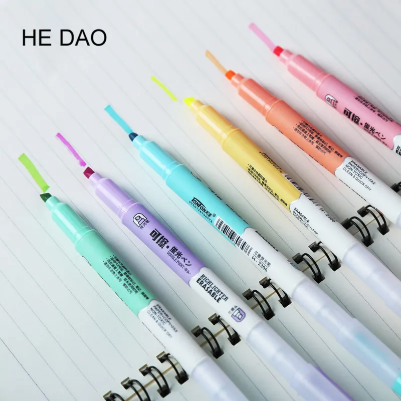 6Pcs/Box Erasable Double Head Highlighters Art Markers Highlighter Pen Fluorecent Pen School Supplies Office Chalk Marker