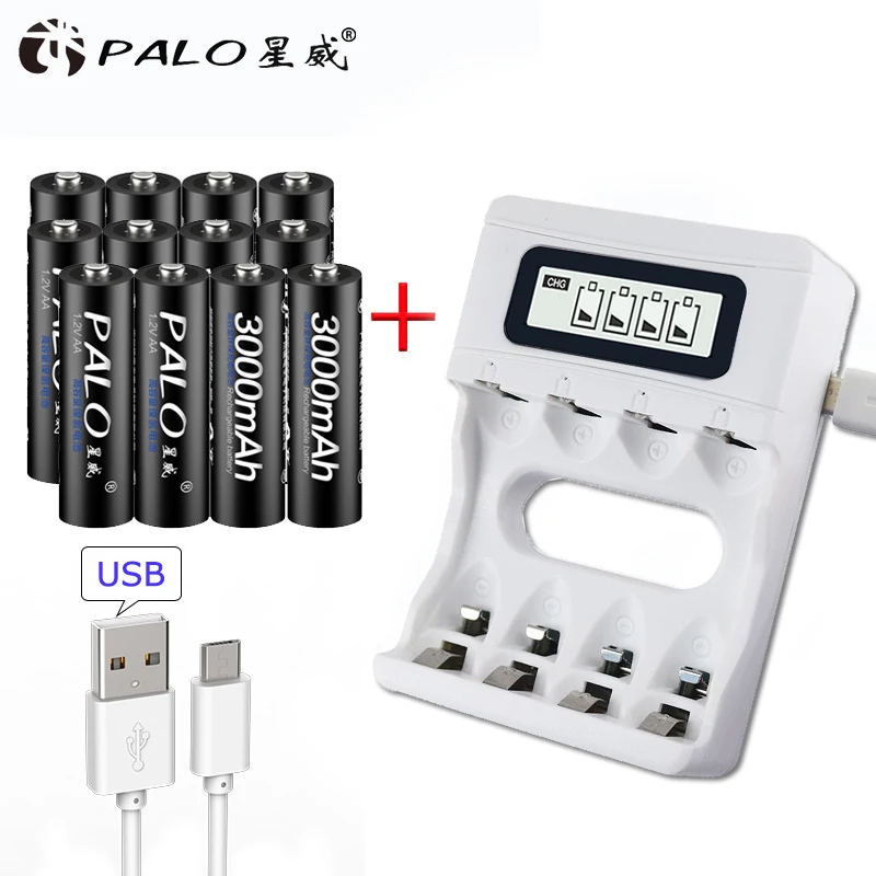 PALO Smart lcd USB зарядное устройство для Ni-MH Ni-Cd AA AAA аккумуляторная батарея+ 4 шт 1,2 в Ni-MH 3000 мАч AA Аккумуляторы - Цвет: charger and 12pcsAA