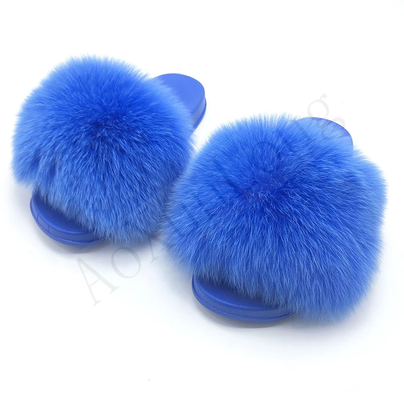 Custom Blue Oversized Fox Fur Slippers Women Fashion Fluffy Lady Fur Slides Non-slip Fur Sandals Girl Fur Flip-flops 49