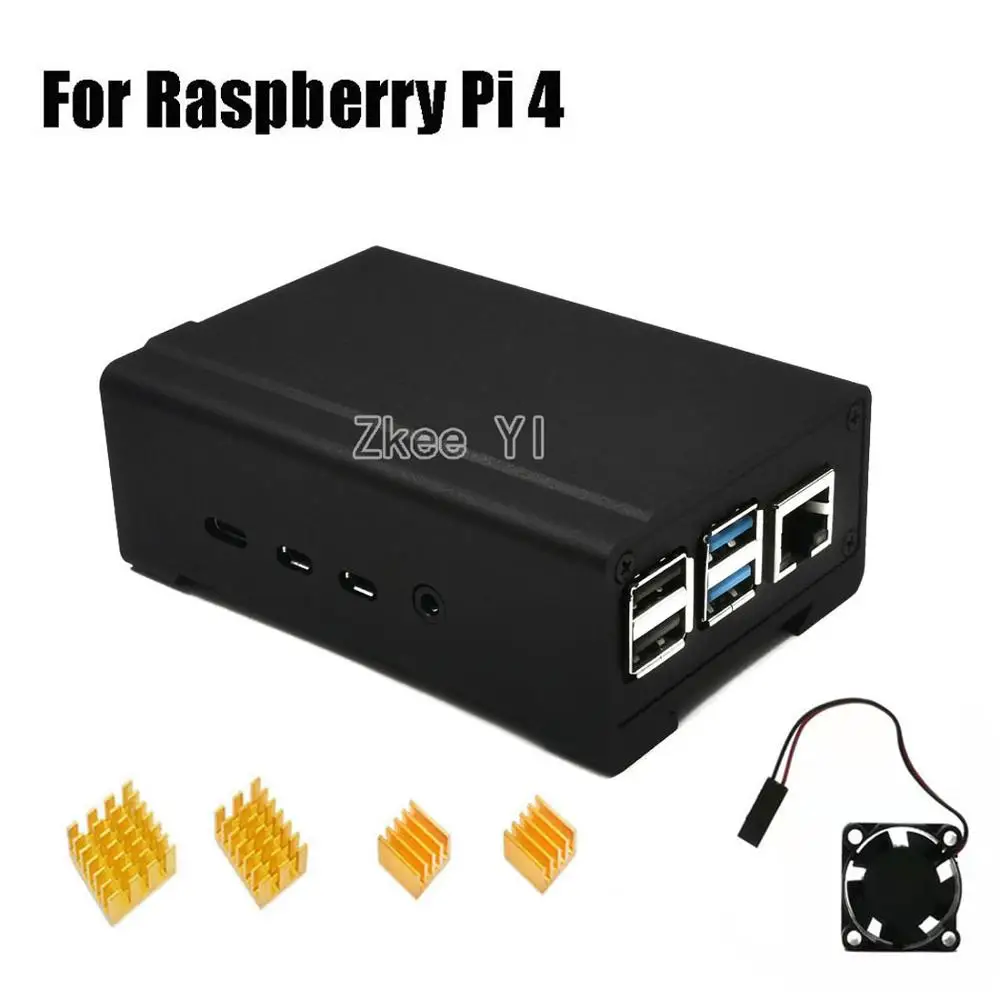Black Чехол из алюминиевого сплава Raspberry Pi 4 с охлаждающим вентилятором и 4 радиаторами для Raspberry Pi 4 Модель B - Цвет: Black