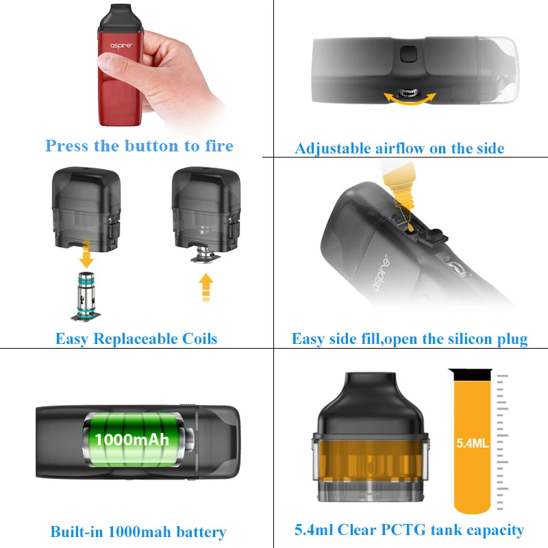Ceny Aspire Breeze NXT zestaw do e papierosa 5.4ml pojemność Pod atomizer zbiornika 0.8ohm cewka z siatką wbudowany 1000mah bateria do elektronicznego papierosa zestaw