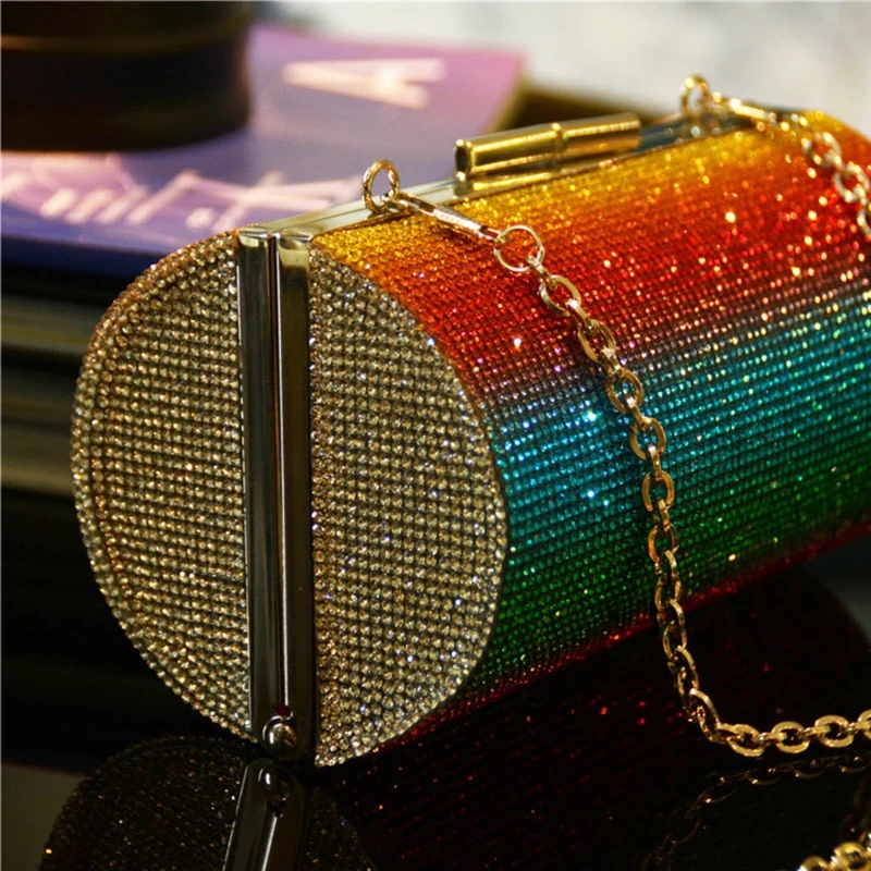 Rainbow Rhinestone Purse Evening Bags for Women Luxury Party Handbag for Wedding Clutch Bag Diamond Cylinder Shoulder Bag