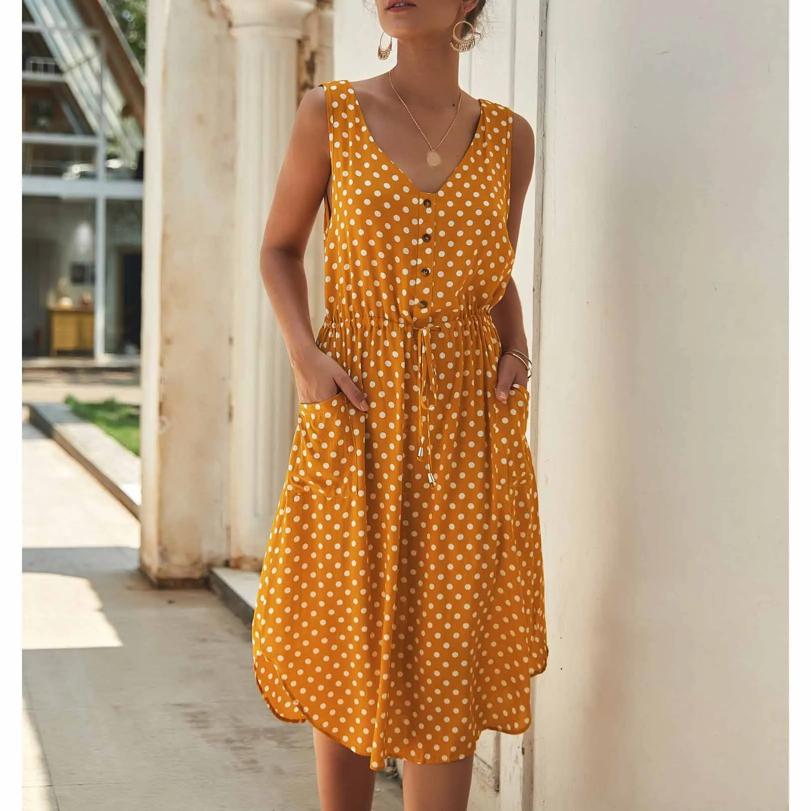 

Fashion Nice Summer Women Tank Dress V-Neck Polka Dot Print Dress Lace Up Button Midi Dress