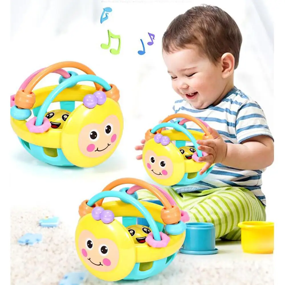 

Soft Rubber Juguetes Bee Cartoon Bee Hand Knocking Rattle Dumbbell Early Educational Toy For Kid Hand Bell Baby Toy 0-12 Months