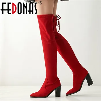 

FEDONAS Slim High Boots Women Basic Party Shoes Woman Flock Pointed Toe Over The Knee Boots Plus Size High Heels Newest Boots