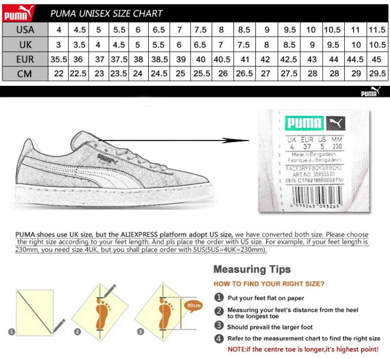 puma unisex size chart