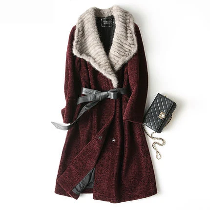 Natural Winter Luxury Wool Fur Jacket Women Long Water Mink Collar New Wine Red Female Coat Outwaer LX1303 | Женская одежда