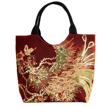 

New National Style Embroidery Bag Canvas Peacock Embroidery Female Bag Middle-Aged Shoulder Portable Diagonal Bag
