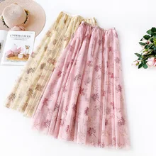Женские тюлевые юбки с цветочным принтом эластичная высокая талия сетчатая юбка-пачка со складками Длинная Юбка-миди Saias Faldas Jupe Femmle