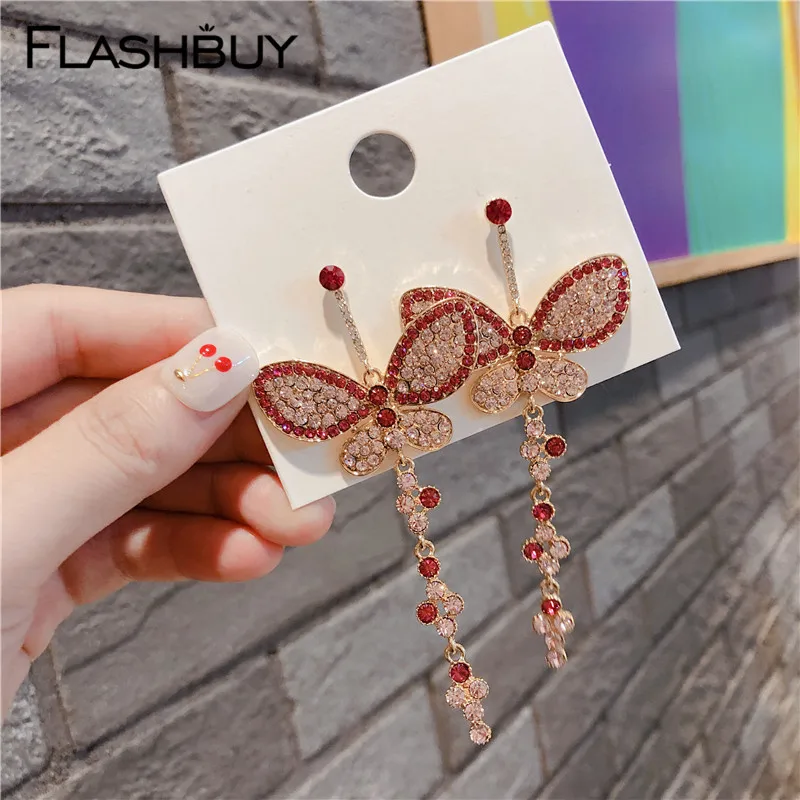 

Flashbuy Crystal Pink Batterfly Drop Earrings For Women Metal Geometric Statement Earrings Wedding Pendientes Fashion Jewelry