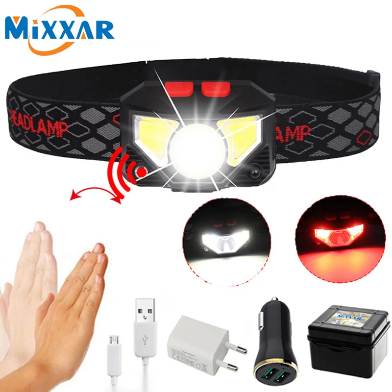 ZK20 Motion Sensor Inductive LED Headlight Headlamp Rechargeable Built in battery Head Torch Lamp RED Fishing Light