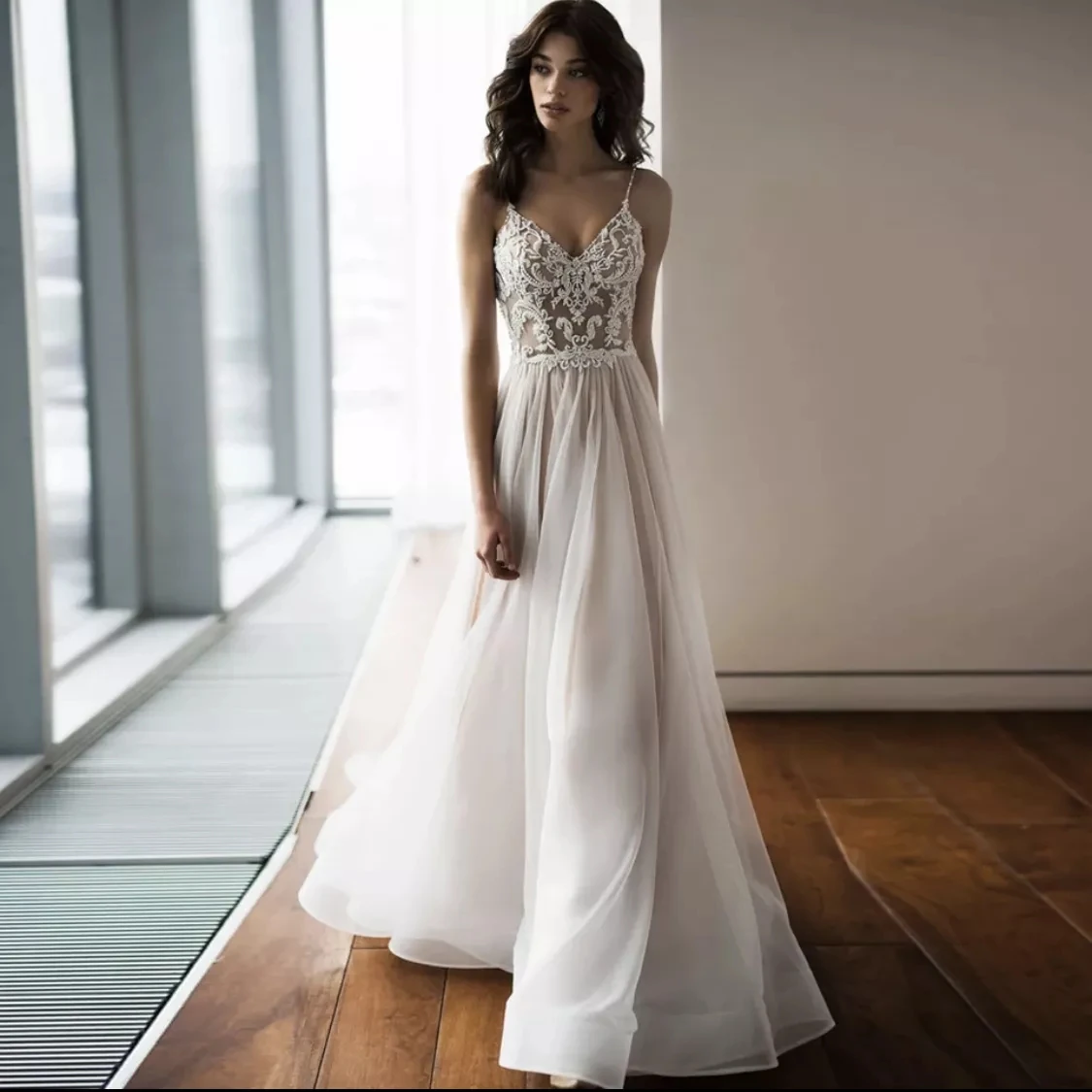 

Civil Wedding Dress 2021 boho Bohemian A-Line Spaghetti Straps Open Back Lace Appliques Sweep Train Bride Gown Vestidos De Noiva