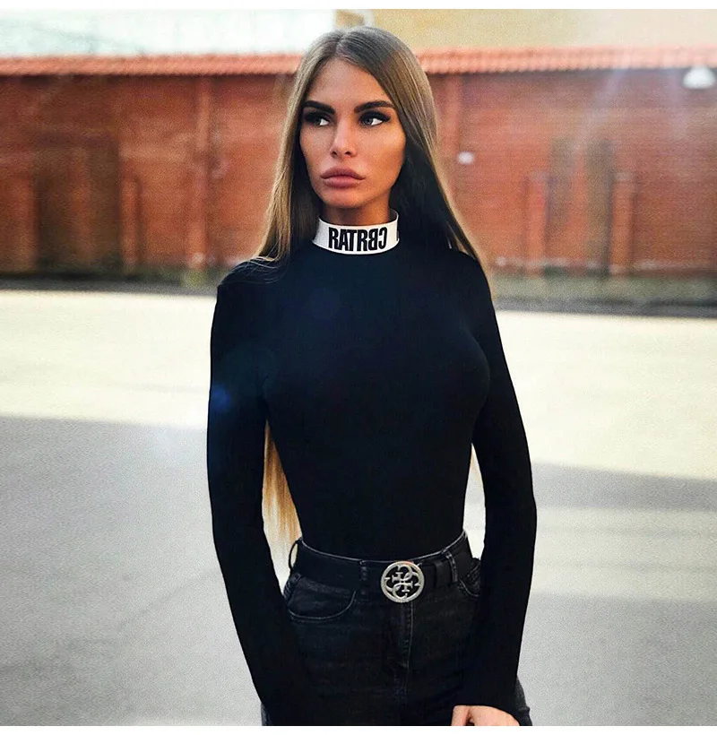 2020 Turtleneck Long Sleeve Bodysuits Women Casual Letter Printed Mock Neck Spring Autumn Skinny Tops Playsuits Moda Feminina