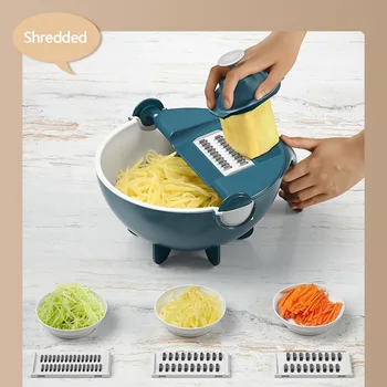 

9Pcs Rotary Vegetable Chopper Cutter With 8 Dicing Blades Multi-Function Rotary Drain Basket Kitchen Food Slicer Salad Machine
