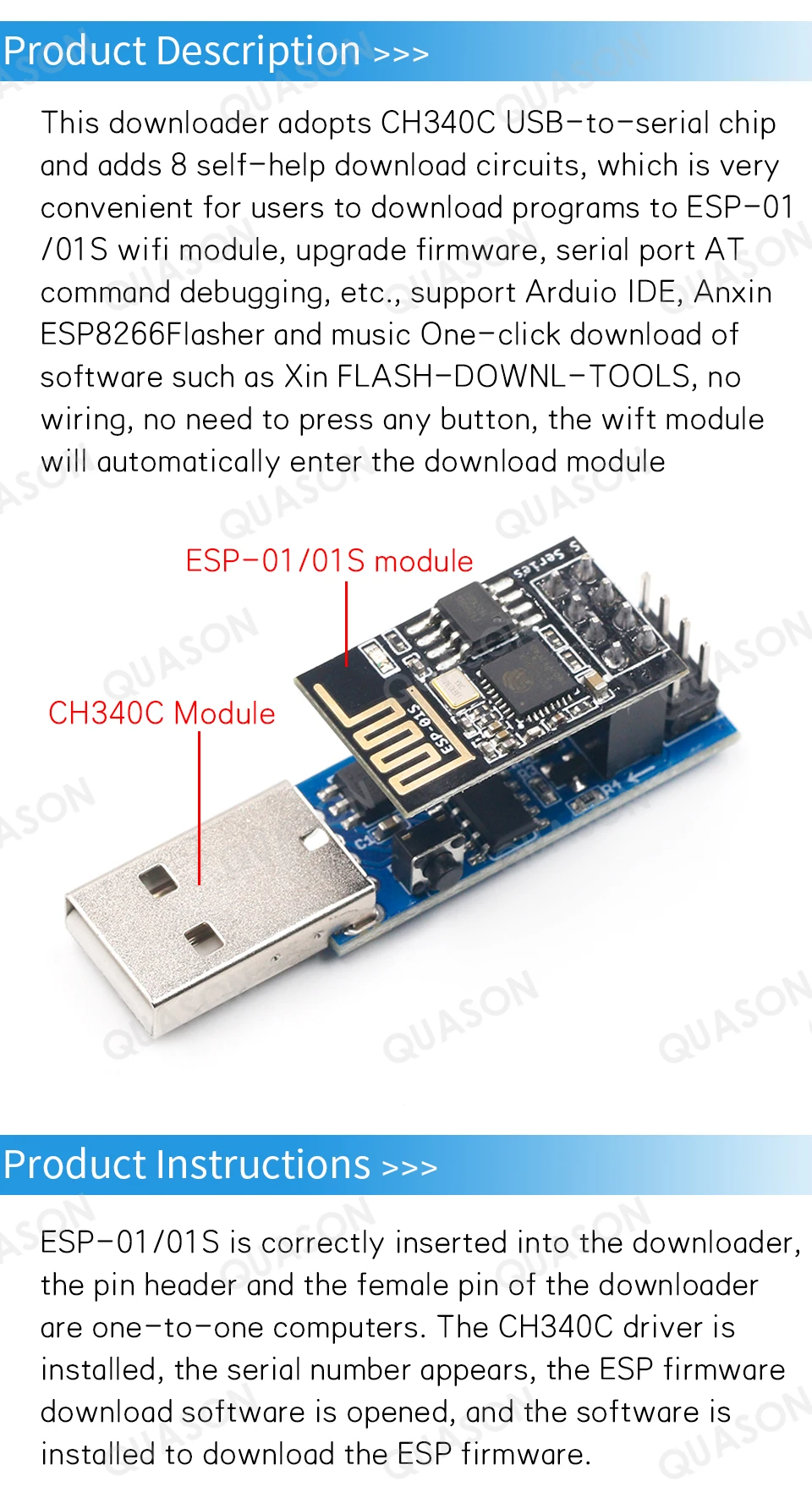 Hb7ac0e5c36c84ef1abc6529e7610de51s ESP8266 ESP-01/ESP-01S Adapter modułu WIFI Pobierz zestaw debugowania Link CH340C dla Arduino IDE USB do ESP8266 ESP-01s Zestaw do samodzielnego montażu