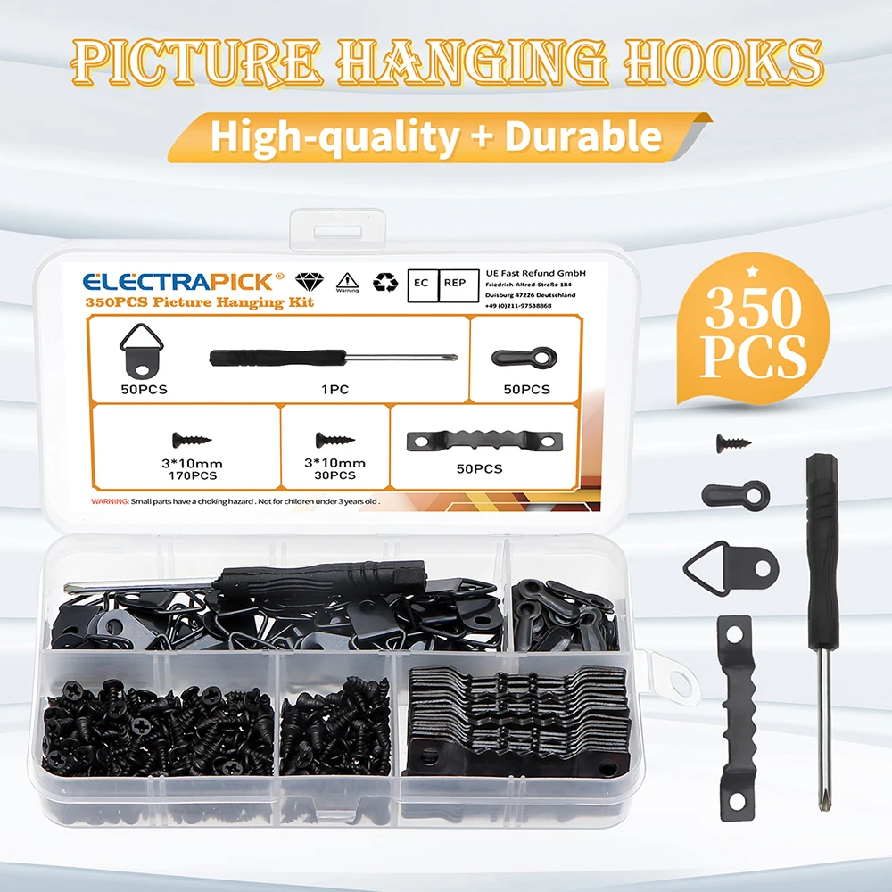 

ELECTRAPICK 350 Pcs Picture Hanging Kit, Picture Hooks Set Picture Painting Artwork Fixings Wall Hangers