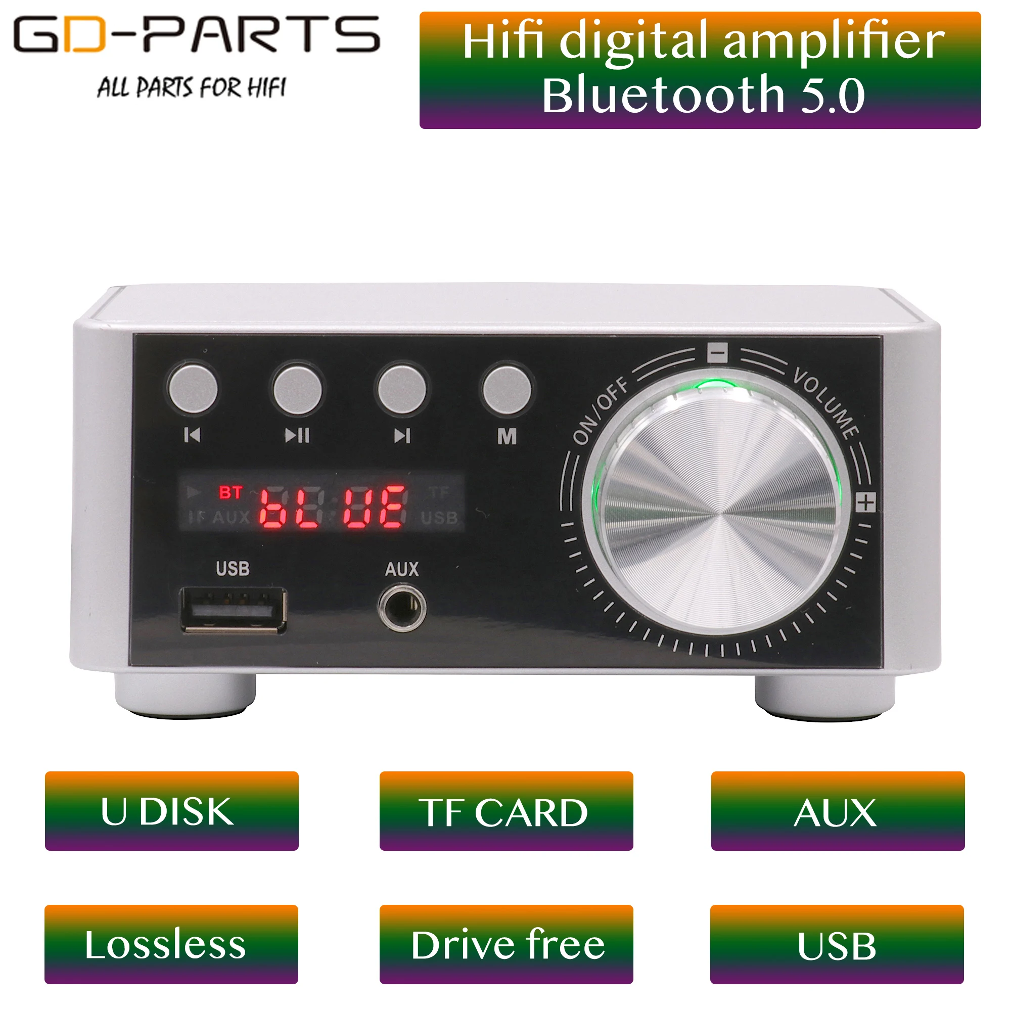 Bluetooth 5.0 HiFi Audio Stereo Digital Power Amplifier TPA3116 Board 50Wx2 Desktop AMP AUX USB TF Card Player