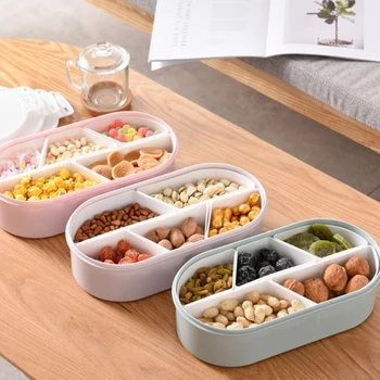

Fruits Nuts Plate with Lid Seal Detachable Multi Sectional Sub Grid Plastic Tray Candy Snack Dish Bowl Dessert Serving Platter