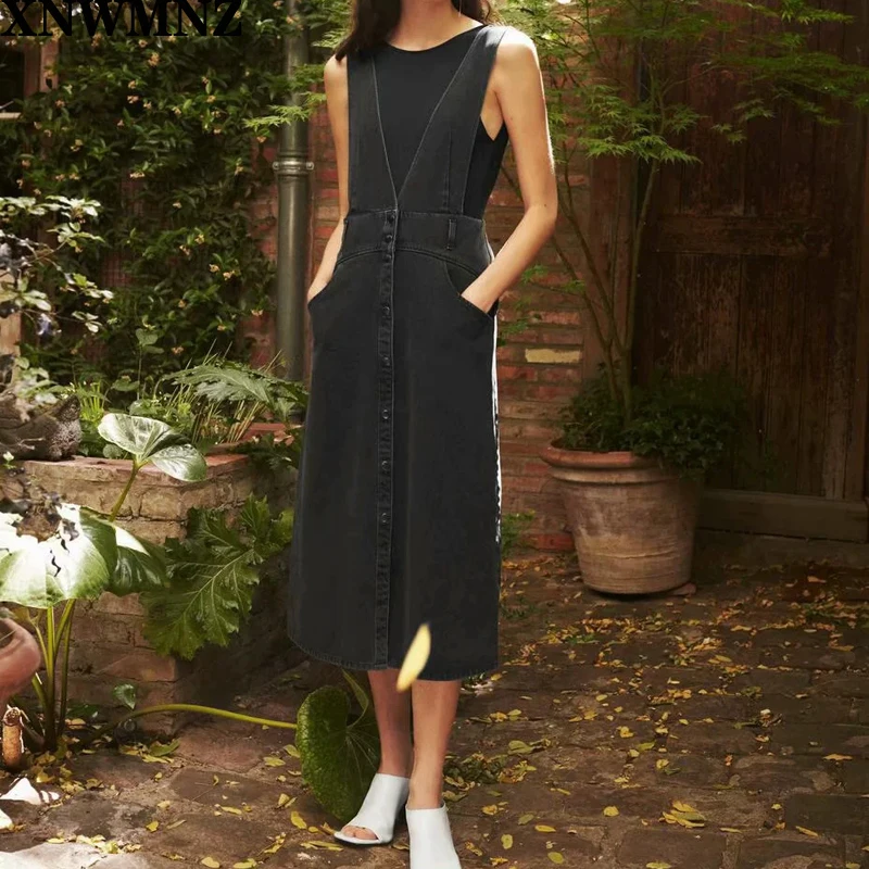 

ZA High quality Women Fashion Button-up Denim Suspender Midi Dress Vintage Backless Side Pockets Straps Female Dresses Mujer