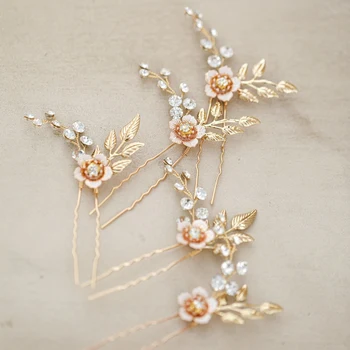 

Handmade Gold Leaf Wedding Hair Pins Clips Floral Bridal Hair Ornament Women Headdress Dress Dinner Accessory