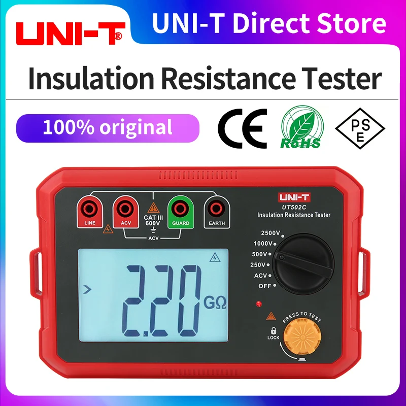 UNI-T Insulation Resistance Tester UT502C 250V 500V 1000V 2500V High Voltage Motor Cable Ohm Megommeter 20GΩ Digital Megohmmeter |