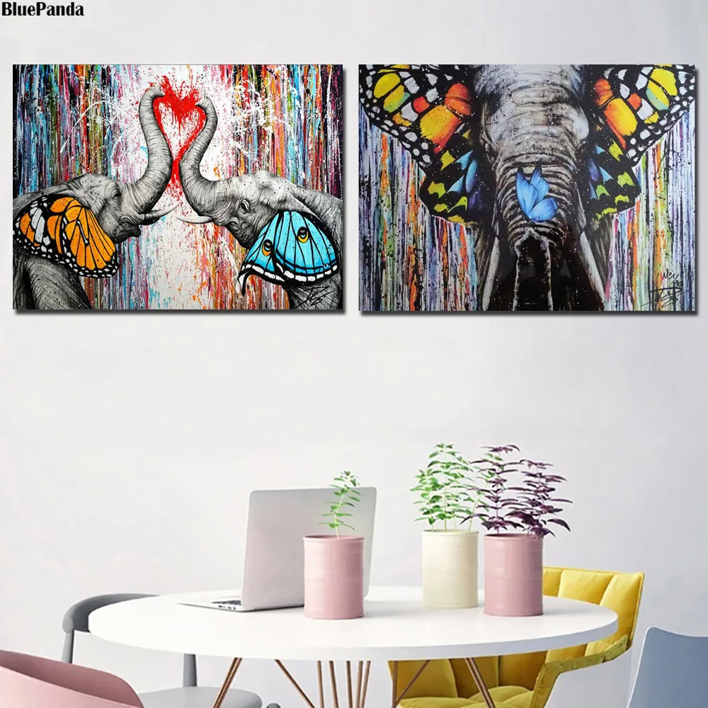 Two Elephant with Butterfly Ears Love Modern Graffiti Street Art Posters And Prints Wall Pictures For Living Room Home Decor | Дом и сад