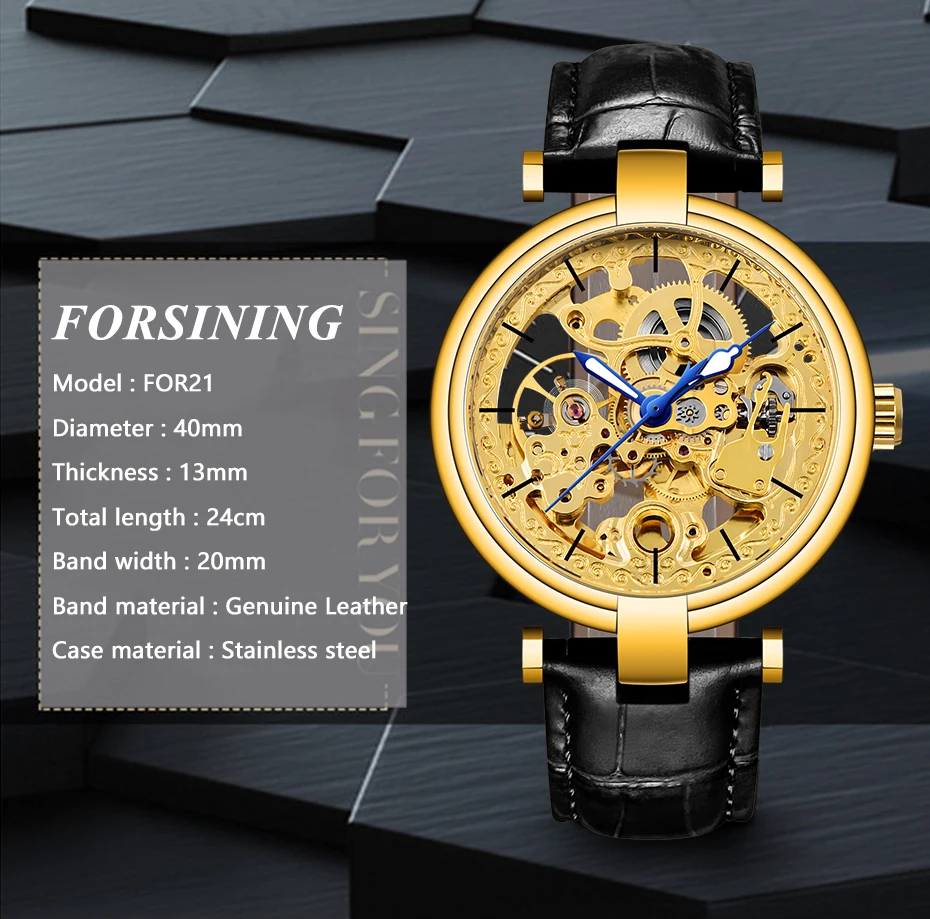 Лидирующий бренд, роскошные FORSINING, Мужские автоматические механические часы, золотой скелет, дизайн из натуральной кожи, светящиеся водонепроницаемые часы