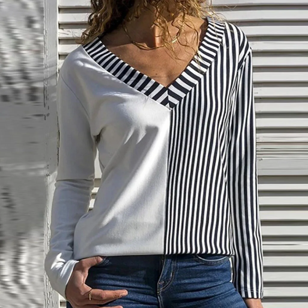 

Blouse Women Stripe Pockets Long Sleeve Shirt Casual Tunic Blouse Blusa Mujer Elegante Ladies Top Blusen Damen Women Blouses