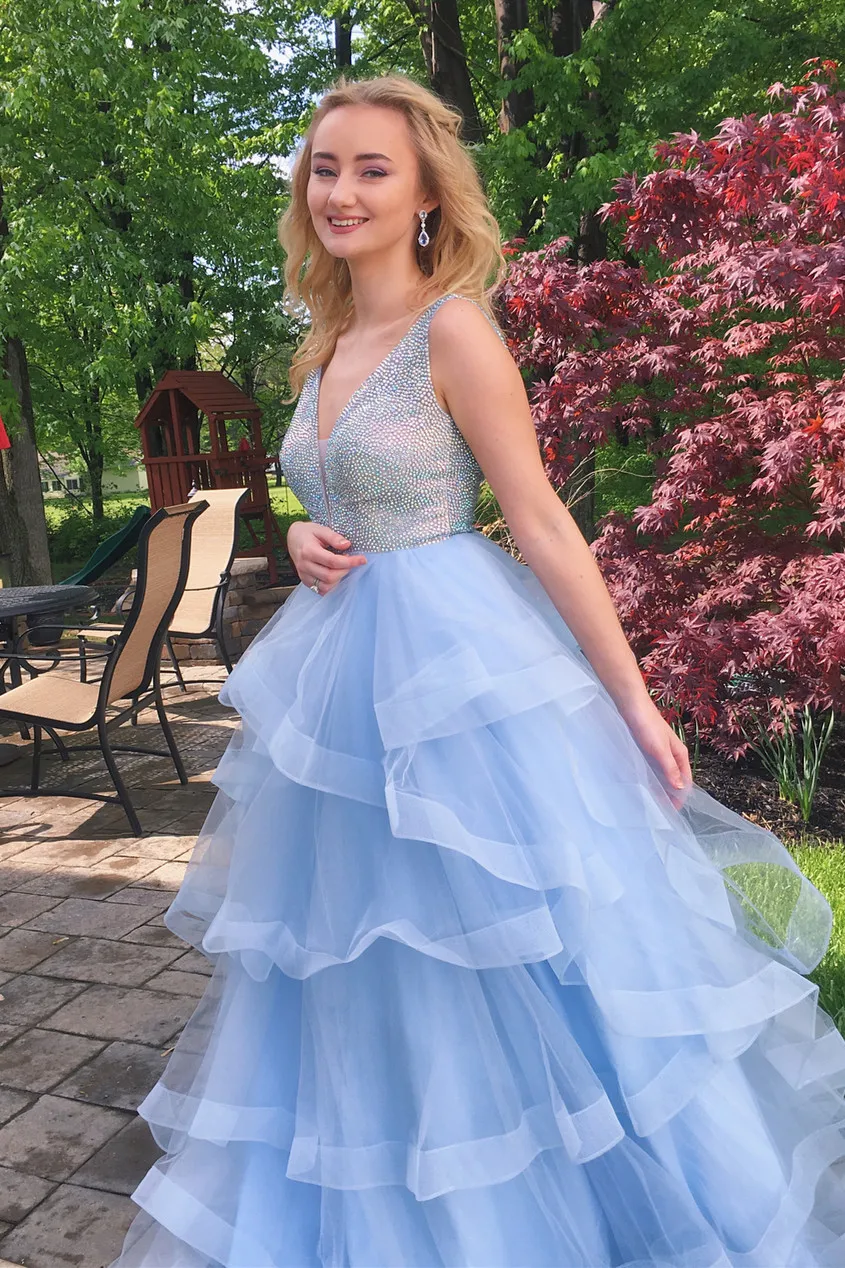

Charming Beads Tops Blue Tulle Long Evening Gown robe de soiree