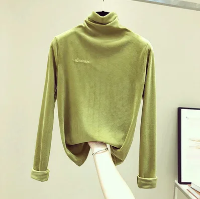 Green Хорошее качество, Золотая Бархатная футболка, женская осенняя и зимняя одежда, стиль, нижнее белье, Базовая рубашка - Цвет: Green