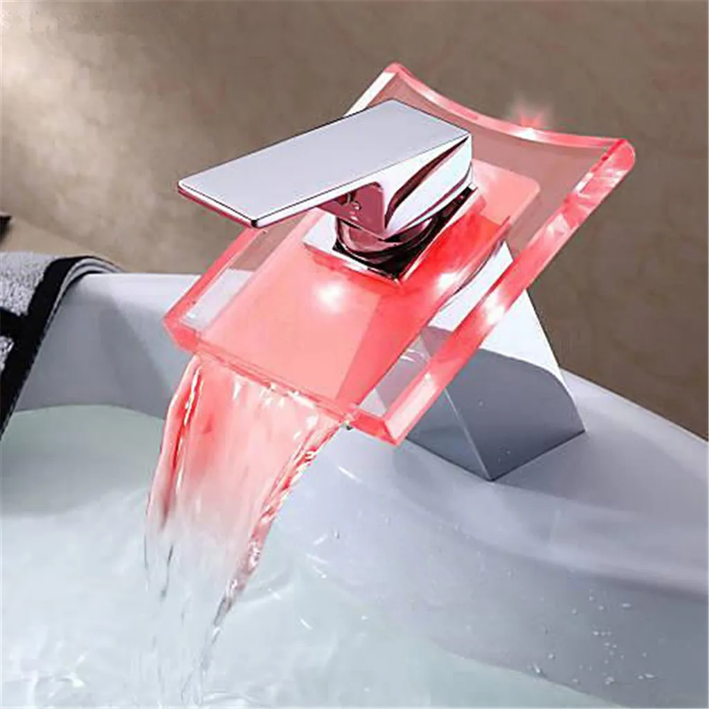  Water Faucet Chrome Finish LED Color Changes Glass Waterfall Basin Bathroom Tub Sink Mixer Tap Sing - 4000087058733