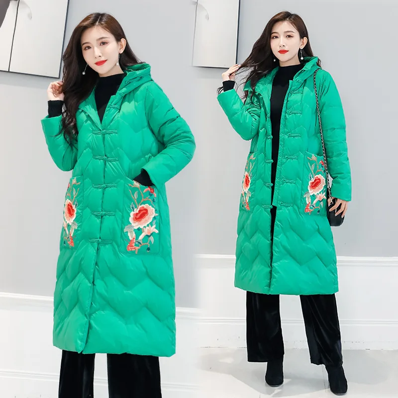 

De1825 @ 2019 Photo Shoot Ethnic-Style Aunt Embroidery Frog over-the-Knee Long down Jacket Winter WOMEN'S Coat