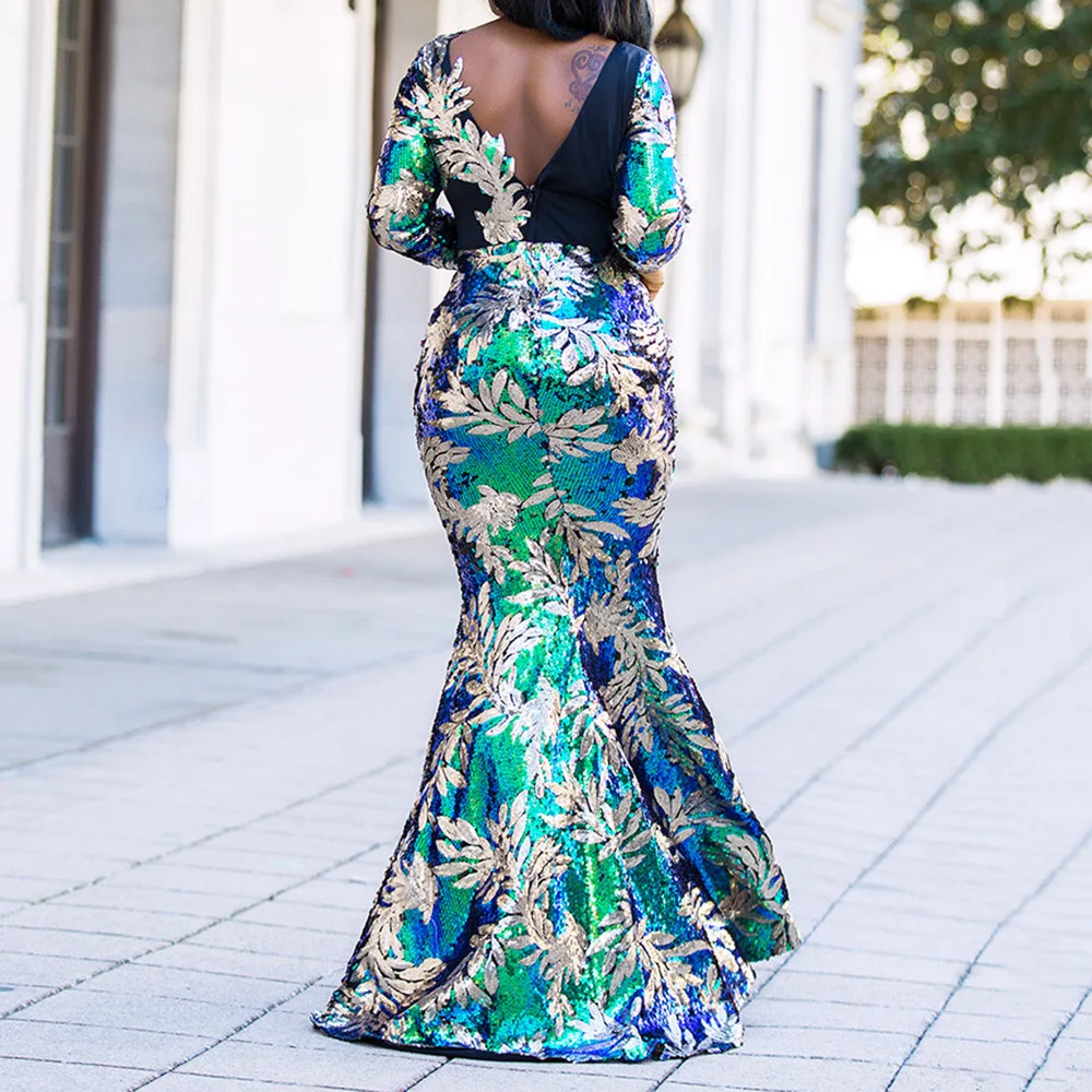 Backless Mermaid Sequins Dress Vintage Sparkly Elegant Plus Size Prom Party Evening Dresses African Women Vestidos Largos | Свадьбы и