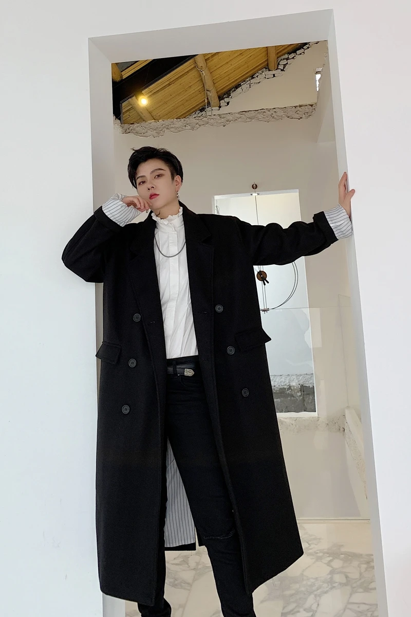 Зимнее мужское длинное пальто Тренч оверсайз шерстяное пальто парка с капюшоном Деловая одежда толстая верхняя одежда