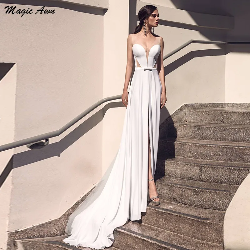 

Magic Awn Simple Satin Wedding Dresses Sheer V-Neck Front Split Boho A-Line Cheap Bride Dress Customized Vestidos De Novia