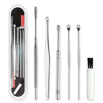 

6 In 1 Stainless Steel Spiral Earpick Ear Wax Removal Tool Kit Spring Cleaning Spoon Curette Brush Hygiene Care with Storage Box
