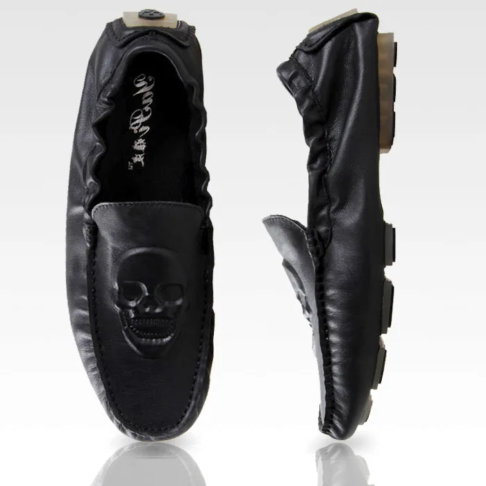 Zapatos informales con calavera para hombre, mocasines de cuero