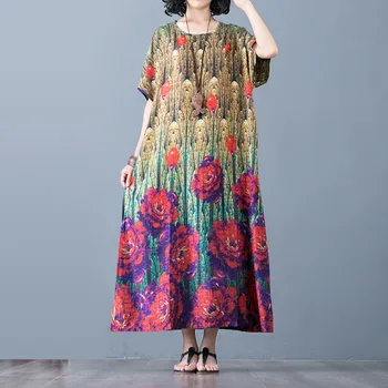 

Women's 2020 Summer New Style Loose Women's Chinese National Style Elegant Temperament Silk Print Casual Maxi Dress Plus Size
