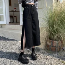 

Split Long Denim Skirts Women Mid-length Autumn and Winter 2022 New High Waist Sexy Hipline A-line Jeans Skirt RXHBSQ603