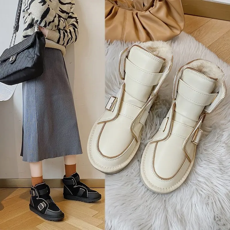 Locomotive Snow Boots Women's 2020 New Autumn and Winter Fur Short-tube Cotton Boots Plus Velvet Thick Warm Cotton Shoes