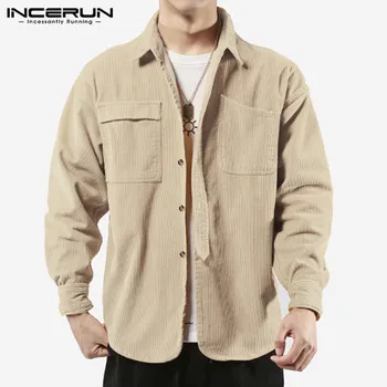 

INCERUN Men Corduroy Shirts Solid Color Long Sleeve Streetwear Brand Lapel Loose Fashion Button Casual Shirt Men Outwear Camisa