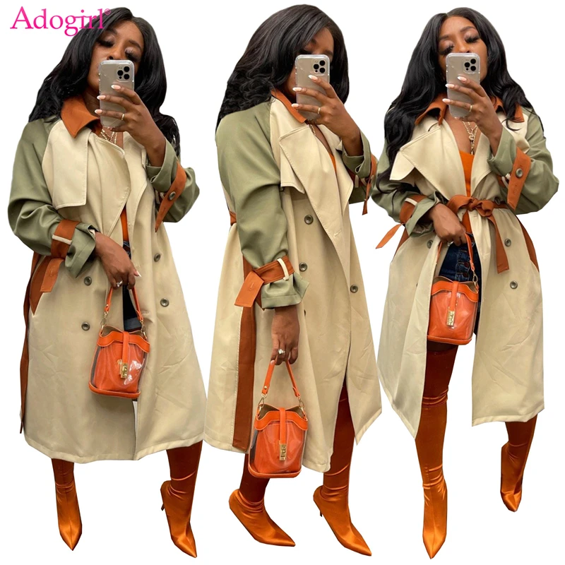 

Adogirl Color Patchwork Trench Coat with Belt Women Fashion Double Breasted Turn Down Collar Windbreaker Long Jacket Outwear