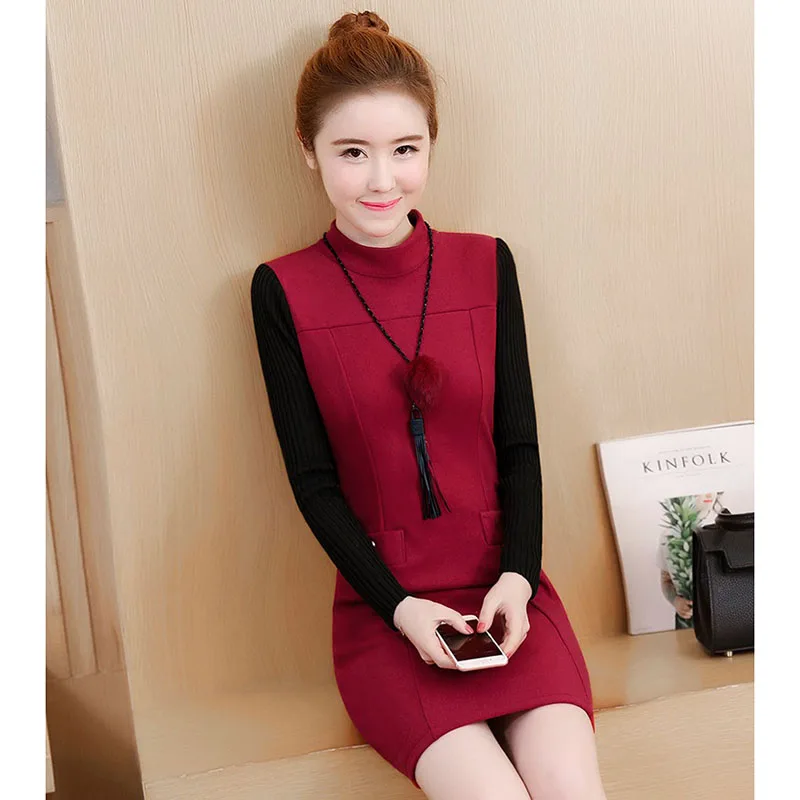 Женское шерстяное платье с длинным рукавом Повседневное трикотажное высоким