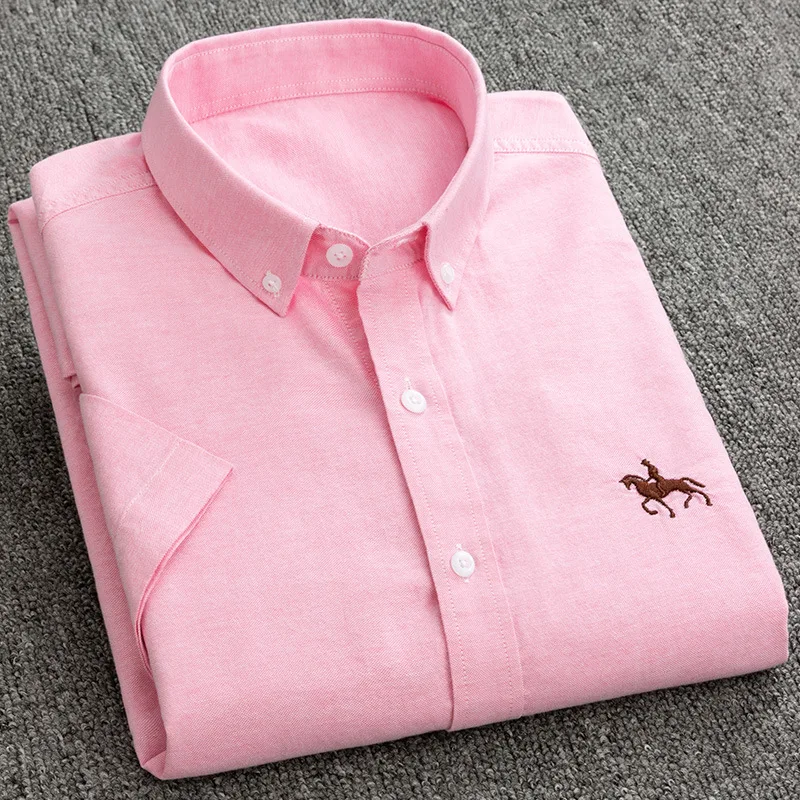 Summer 100% Cotton Oxford Men's Short Sleeve Embroidered Horse Casual Solid Dress Shirts Plus Size 5XL 6XL cotton shirt men casual shirt