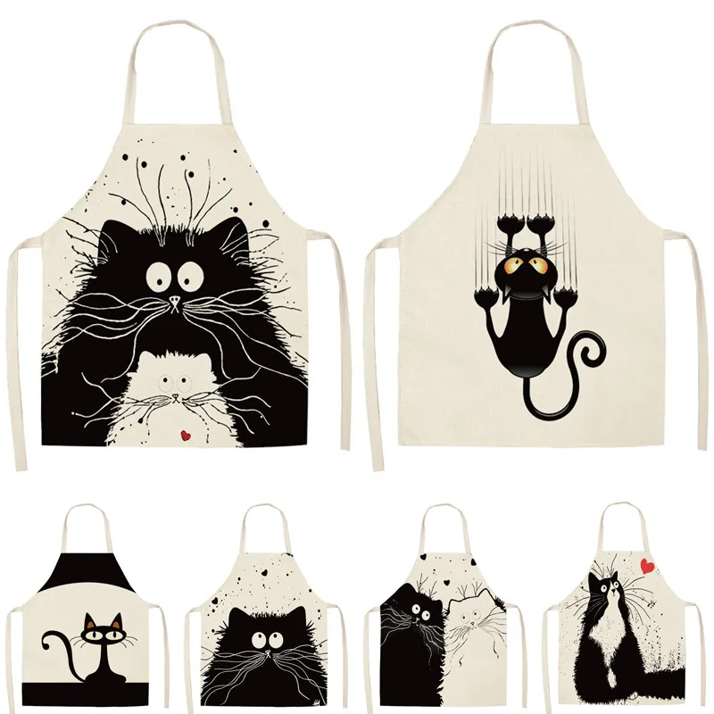 Apron Cute Baking-Accessories Cat-Printed Kitchen Cooking Cotton Women Home Sleeveless