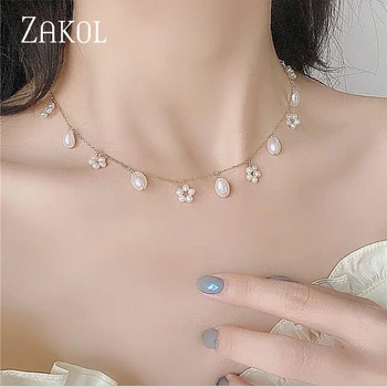 

ZAKOL New Arrival Fashion Flower Pearl Chocker Necklace with Gold Color Chain for Women Friendship Party Jewelry Gift
