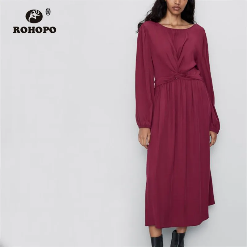

ROHOPO Claret Long Sleeve Backless Draped Waist Solid Midi Dress Autumn Woman Solid High Low Pleated Party Vestido #9005