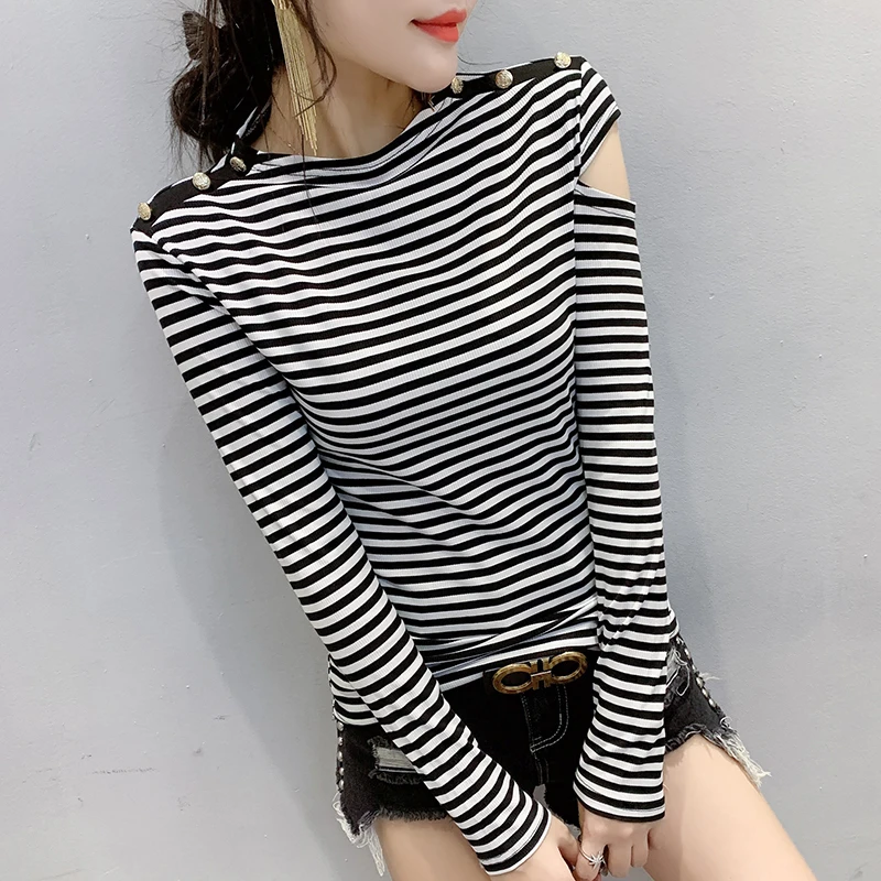 Korean Striped Fashion Sexy Off Shoulder lHollow Out Button Tshirt New Autumn Winter Women Top Camiseta Mujer T90202