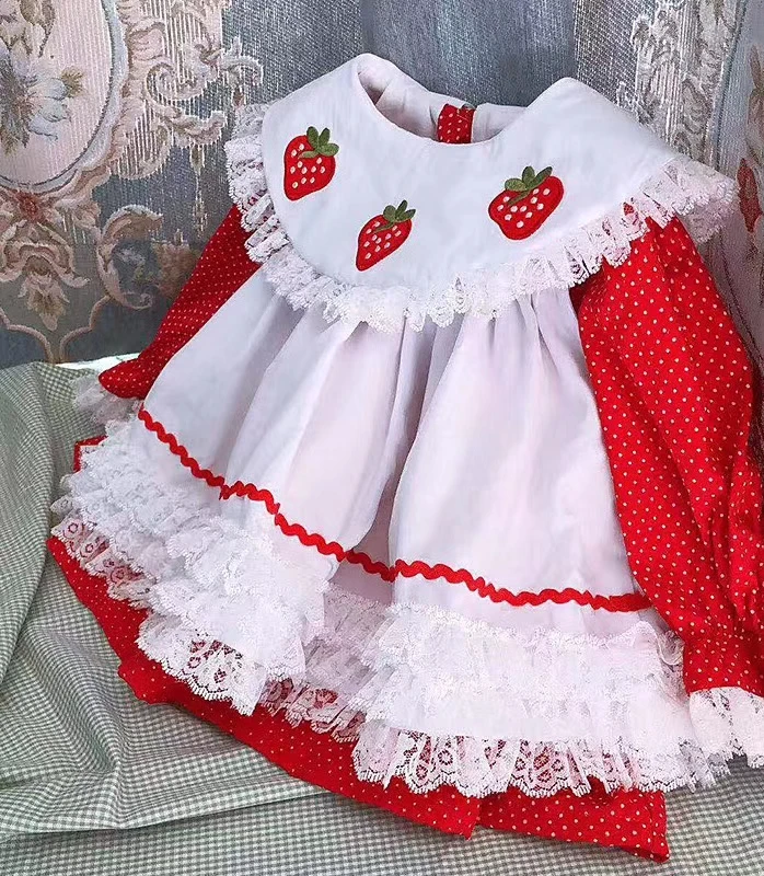 as picture Розничная ; коллекция года; кружевные платья в горошек для девочек; роскошное детское платье в стиле Лолиты с вышивкой в виде клубники; Милая одежда для маленьких девочек - Цвет: as picture